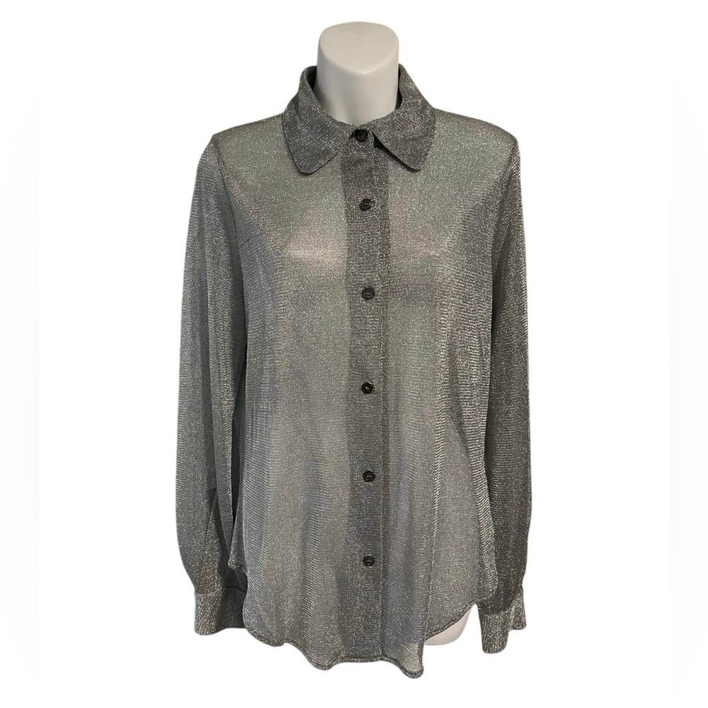 VTG Linda Allard Ellen Sheer Silver Metallic Button Up Shirt Sz 10 Medieval 90s